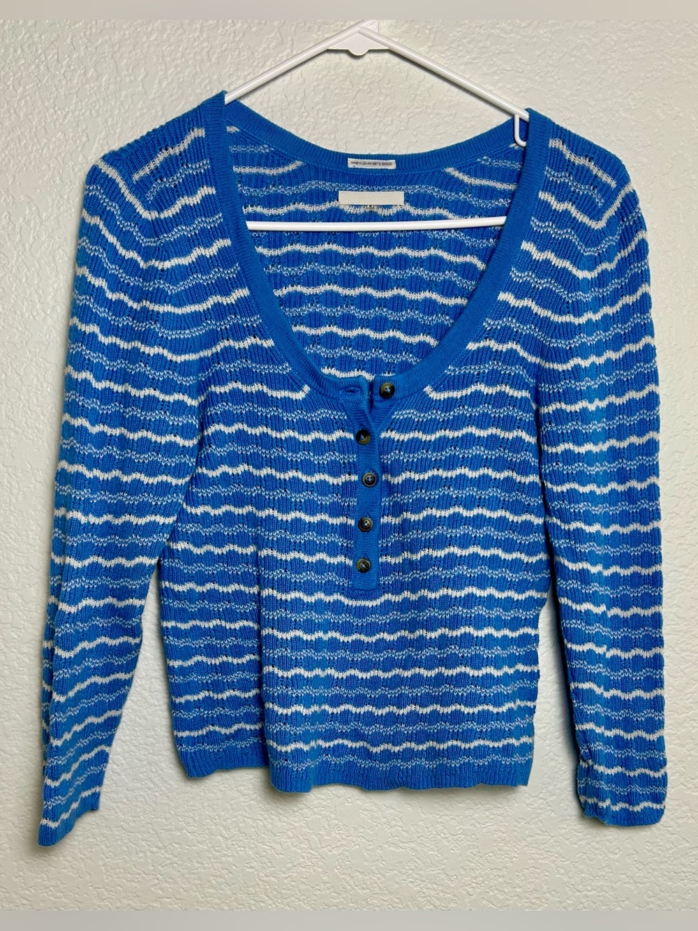 MOTHER Blue and White Wavy Stripe Henley Sweater